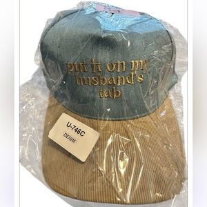 Denim and Tan Corduroy Ball Cap “Put On My Husband Tab” NWT